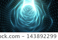 Glowing cyan wireframe mesh curves into a deep abstract tunnel with triangular geometry and intense white light against a black background. 143892299