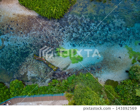 Blue Eye Albanias turquoise spring runs across pebbled bed beneath dense green foliage. From above, clear water, aquatic growth and wooden riverside walkway form vivid landscape, showing turquoise 143892569