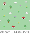 Seamless pattern with cute houses, green trees, colorful flowers, and white clouds on a pastel green background. 143893591