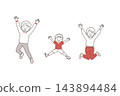 An illustration of a family of three jumping with their arms raised. 143894484
