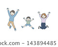 An illustration of a cheerful family of three jumping for joy. 143894485
