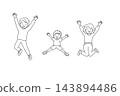 A line drawing illustration of a family of three jumping for joy. 143894486