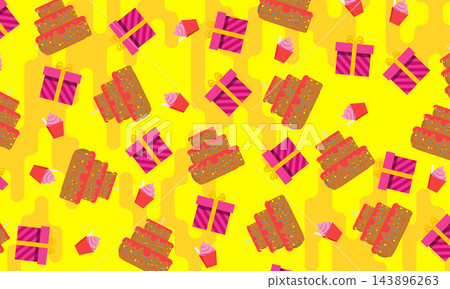 Abstract gift box, cake and ice cream in seamless pattern on yellow background. Abstract gift box, cake and ice cream in seamless pattern on yellow background. 143896263