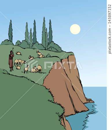 Vector drawing. Sheeps at the river Vector drawing. Sheeps at the river 143897152