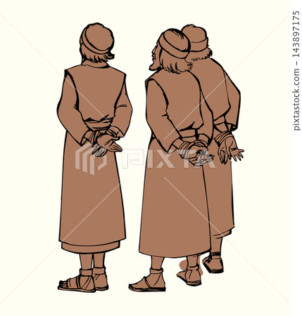 Vector drawing. 3 men. Back view Vector drawing. 3 men. Back view 143897175