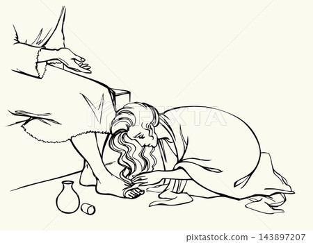 Vector drawing. Woman wash feet to Jesus Vector drawing. Woman wash feet to Jesus 143897207