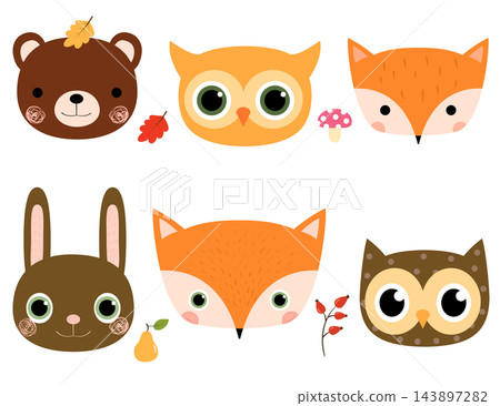 Cute cartoon vector set with woodland animal faces in flat style for children designs and greeting cards Cute cartoon vector set with woodland animal faces in flat style for children designs and greeting cards 143897282