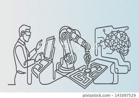 Technologist with VR headset controls robotic arm building circuit board with AI brain graphic Technologist with VR headset controls robotic arm building circuit board with AI brain graphic 143897529