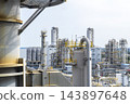 Industrial background of a large-scale chemical factory and oil refinery with complex pipelines, distillation towers, and storage tanks under a clear sky. 143897648