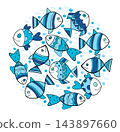 Cute vector doodle hand drawn fish with waves and bubbles in a circle shape for summer sea and ocean graphic designs 143897660