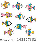 Cute, fun and colorful vector fish drawings with outlines for summer designs 143897662