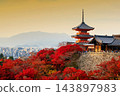 Kiyomizu-dera pagoda and city with red maple autumn leaf at sunset, Kyoto 143897983