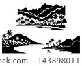 Vibrant tropical island landscape featuring mountains, palm trees, villages, and boats. Suggests peaceful island living, vacation, and exotic travel destinations vector design 143898011