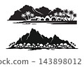 Minimalist black and white vector art of coastal settlement featuring traditional huts. Volcanic peaks rise behind lush tropical vegetation vector design inspiration 143898012
