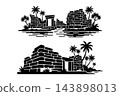 Monochrome graphic showing weathered brick walls and tropical foliage. Ancient civilization structure by water reflecting historic atmosphere vector design 143898013
