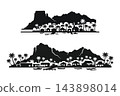 Seaside community nestled at base of steep mountains. Traditional architecture and small vessels moored along the waterfront in monochrome vector design 143898014