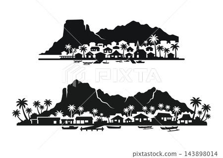 Seaside community nestled at base of steep mountains. Traditional architecture and small vessels moored along the waterfront in monochrome vector design Seaside community nestled at base of steep mountains. Traditional architecture and small vessels moored along the waterfront in monochrome vector design 143898014
