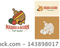 wooden spinning top with marbles and acorn retro toy shop logo design. 143898017