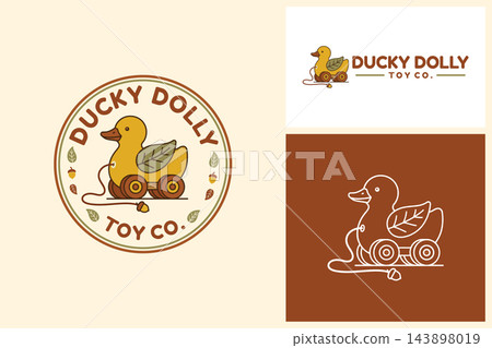 wooden pull toy duck with leaves ducky dolly toy co. logo concept. wooden pull toy duck with leaves ducky dolly toy co. logo concept. 143898019