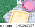 An outdoor party table with colorful tableware. A garden with a lawn. 143898357