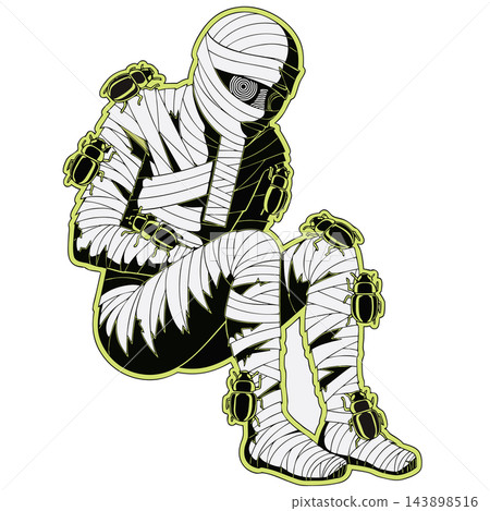 A stylized illustration of a seated, bandaged mummy covered in scarab beetles A stylized illustration of a seated, bandaged mummy covered in scarab beetles 143898516