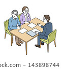 An illustration of an elderly couple consulting with a staff member at a service counter. 143898744
