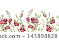 Red wild berries on thin sprigs with small leaves watercolor seamless border isolated. Cranberry plants repeat background for design. Botanical horizontal pattern with ripe fruits for packaging. 143898828