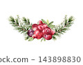 Watercolor pine branches with red berries and green leaves in semicircle isolated. Vibrant bog berry wreath for greeting card, food packaging, and natural design. Cranberry bunch and fir artwork. 143898830