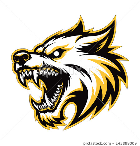 The image shows the aggressive head of a white wolf mascot 143899009
