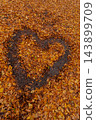 Heart shape carefully arranged from colorful fallen autumn leaves on the ground in peaceful outdoor setting. Rich leaf textures and seasonal colors are highlighted by soft daylight handmade design 143899709