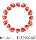 Round strawberry wreath frame with whole ripe red berries. Hand drawn watercolor botanical illustration isolated element. Circle border design for packaging and printing clip art. 143900102