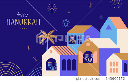 Colorful Hanukkah geometric banner, poster and greeting card background featuring houses at night Colorful Hanukkah geometric banner, poster and greeting card background featuring houses at night 143900152