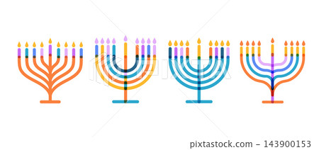 Collection of colorful Hanukkah menorahs with burning candles. Festive Jewish holiday vector Collection of colorful Hanukkah menorahs with burning candles. Festive Jewish holiday vector 143900153
