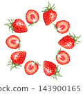 Round strawberry frame wreath with whole ripe berries and sliced half pieces. Hand drawn watercolor botanical illustration isolated element. Circle border design for packaging clip art 143900165