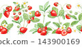 Strawberry seamless horizontal border ribbon with ripe berries, white flowers, slice and leaves. Hand drawn watercolor botanical illustration. Repeat edge design for tea packaging clip art 143900169