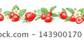 Strawberry seamless horizontal border ribbon with ripe berries, white flowers, slice and leaves. Hand drawn watercolor botanical illustration. Repeat edge design for tea packaging clip art 143900170