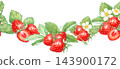 Strawberry seamless horizontal garland border ribbon with sliced halves, blossoms and leaves. Hand drawn watercolor botanical illustration. Repeat edge design for tea packaging clip art 143900172