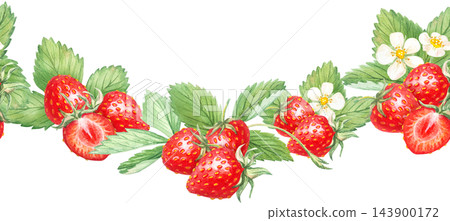 Strawberry seamless horizontal garland border ribbon with sliced halves, blossoms and leaves. Hand drawn watercolor botanical illustration. Repeat edge design for tea packaging clip art 143900172