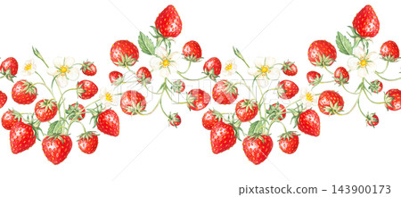 Strawberry seamless horizontal border ribbon with cluster sprigs, white blossoms and red berries. Hand drawn watercolor botanical illustration. Repeat edge design for tea packaging clip art Strawberry seamless horizontal border ribbon with cluster sprigs, white blossoms and red berries. Hand drawn watercolor botanical illustration. Repeat edge design for tea packaging clip art 143900173