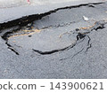 High angle shot of a large dangerous pothole and cracked collapsed asphalt on a city street pavement 143900621