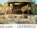 Charred Car Interior Inside Burned Delivery Van with Metal Seat Frames 143900632