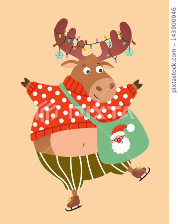 Cute cartoon illustration of a happy christmas reindeer carrying gift sack filled with holiday presents for kids holiday design element isolated on white background Cute cartoon illustration of a happy christmas reindeer carrying gift sack filled with holiday presents for kids holiday design element isolated on white background 143900946