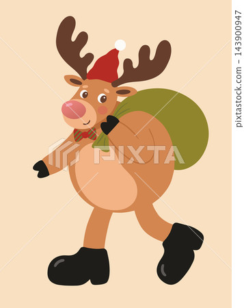 Cute cartoon illustration of a happy christmas reindeer carrying gift sack filled with holiday presents for kids holiday design element Cute cartoon illustration of a happy christmas reindeer carrying gift sack filled with holiday presents for kids holiday design element 143900947