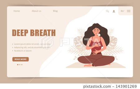 Deep breath. Landing page template. Female character in lotus position makes breathing exercise. Vector flat illustration Deep breath. Landing page template. Female character in lotus position makes breathing exercise. Vector flat illustration 143901269