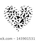 A heart symbol made of birds. A love for birds and nature. Happy Valentine Day. hand drawing. Not AI. Vector illustration 143901531