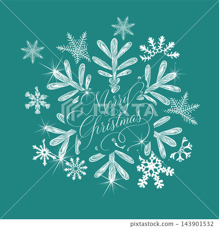 Greeting card with a large white snowflake on a blue background. Christmas card. Not AI. Vector illustration. 143901532