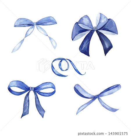 Watercolor chinoiserie Christmas set of blue satin bows and curled ribbon isolated Watercolor chinoiserie Christmas set of blue satin bows and curled ribbon isolated 143901575