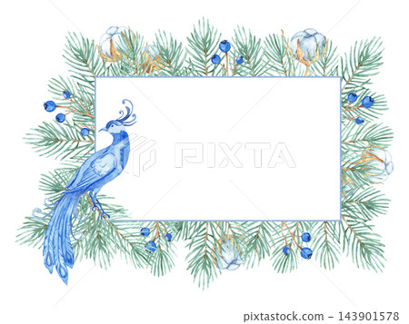 Watercolor chinoiserie Christmas horizontal frame with blue bird of paradise, pine branches, cotton and berries isolated Watercolor chinoiserie Christmas horizontal frame with blue bird of paradise, pine branches, cotton and berries isolated 143901578