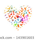 A heart symbol made of colored birds. Happy Valentine Day. hand drawing. Not AI. Vector illustration 143901603