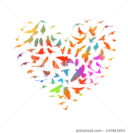 A heart symbol made of colored birds. Happy Valentine Day. hand drawing. Not AI. Vector illustration 143901603